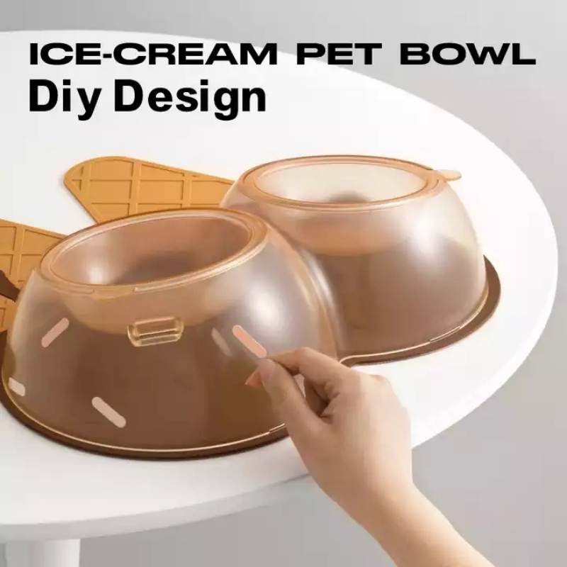 Rounded Portable Pet Double Bowl Feeder Ice Cream Shape Dog Cat Bowl Feeder